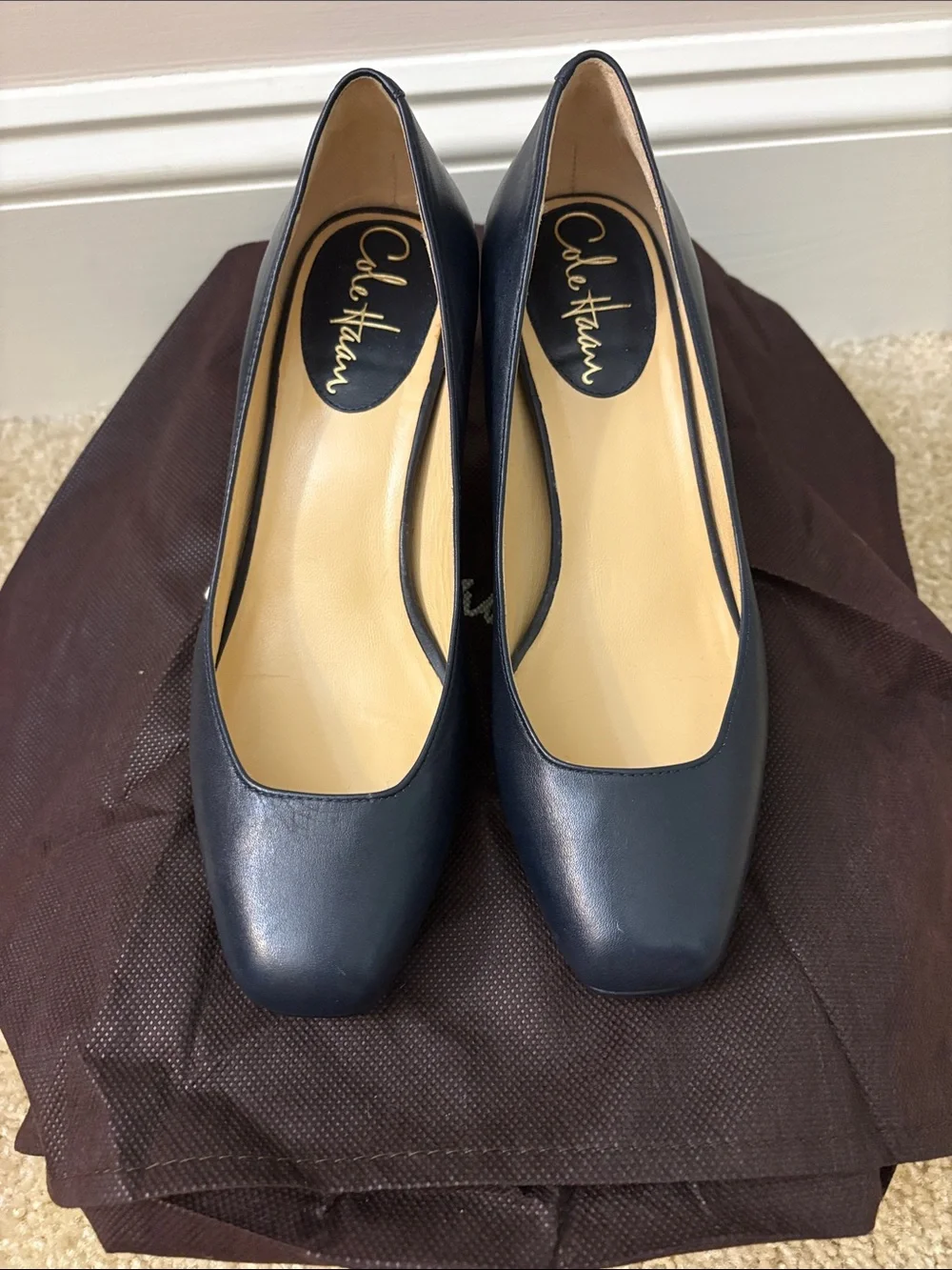 Cole Haan Navy Leather Square-Toe Pumps